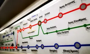 Mapa metra w Atenach z zaznaczonymi liniami i stacjami.