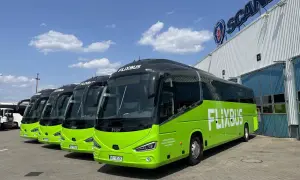 Rząd zielonych autobusów Flixbus zaparkowanych przed budynkiem z logo Scania.