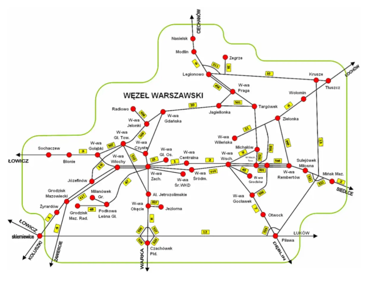 Mapa dworc&oacute;w Kolei Mazowieckich w Warszawie