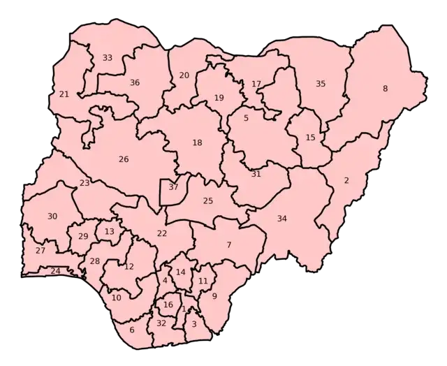 mapa Nigerii z podziałem na stany i regiony
