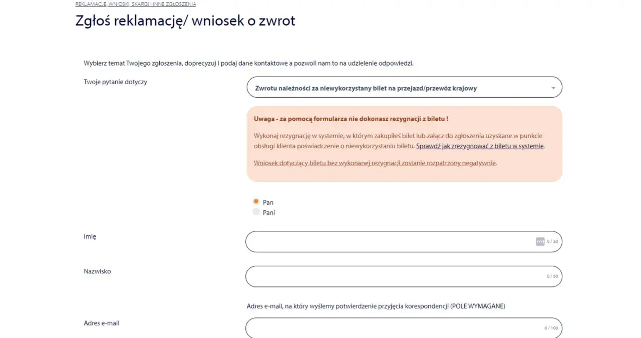 Formularz zwrotu biletu PKP Intercity online