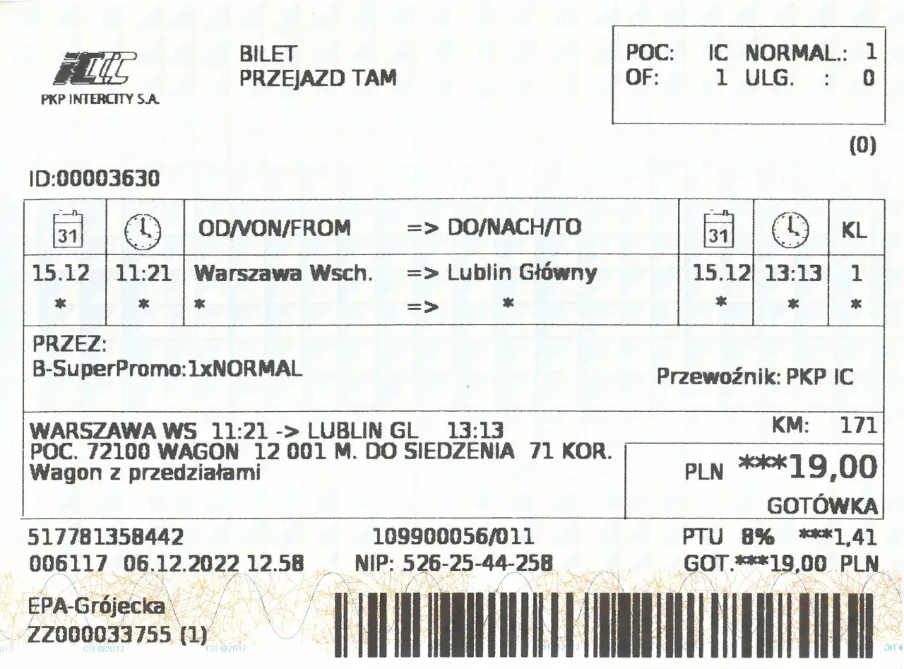 polski bilet na pociąg PKP